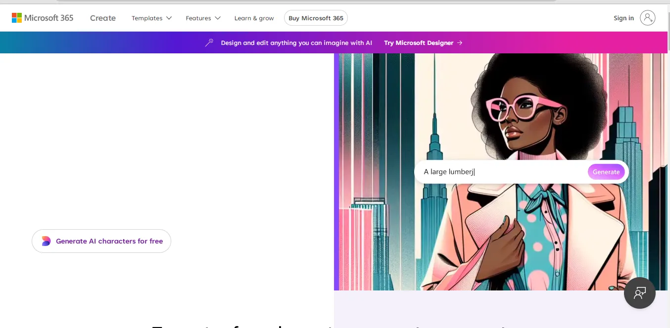 Homepage of Microsoft Create and its AI character.