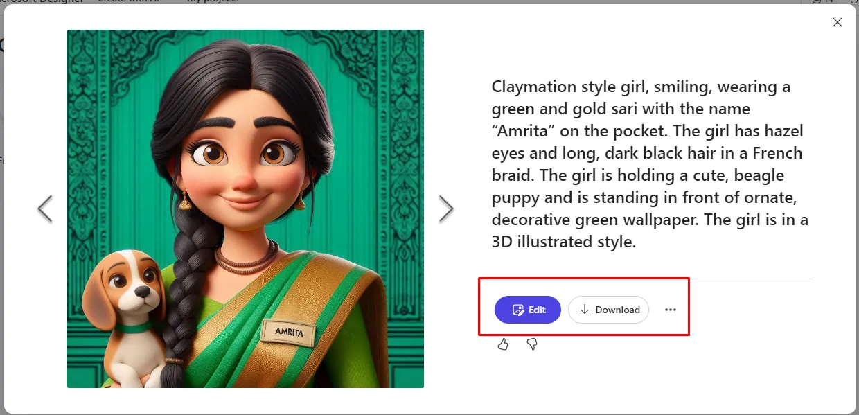 Edit or Download option of the Microsoft Designer for characters created using its AI.