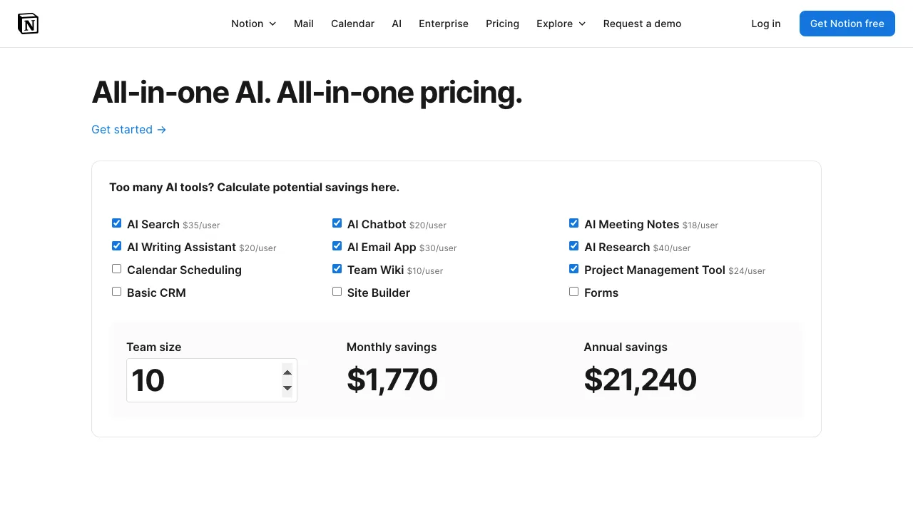Pricing of Notion AI for Search, Chatbot, and more.