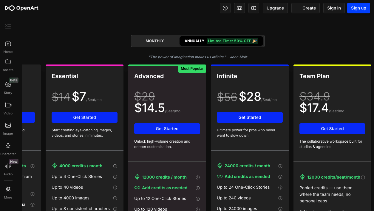 OpenArt pricing plans to create characters using AI.
