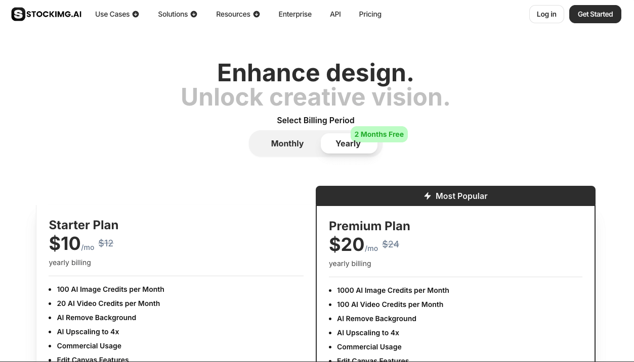 Pricing plans of the STOCKIMG.AI tool for creating characters.