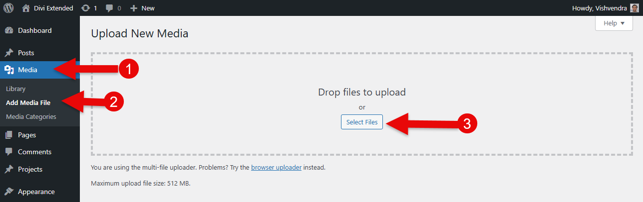 Upload New Media option in the WordPress Add Media File tab.