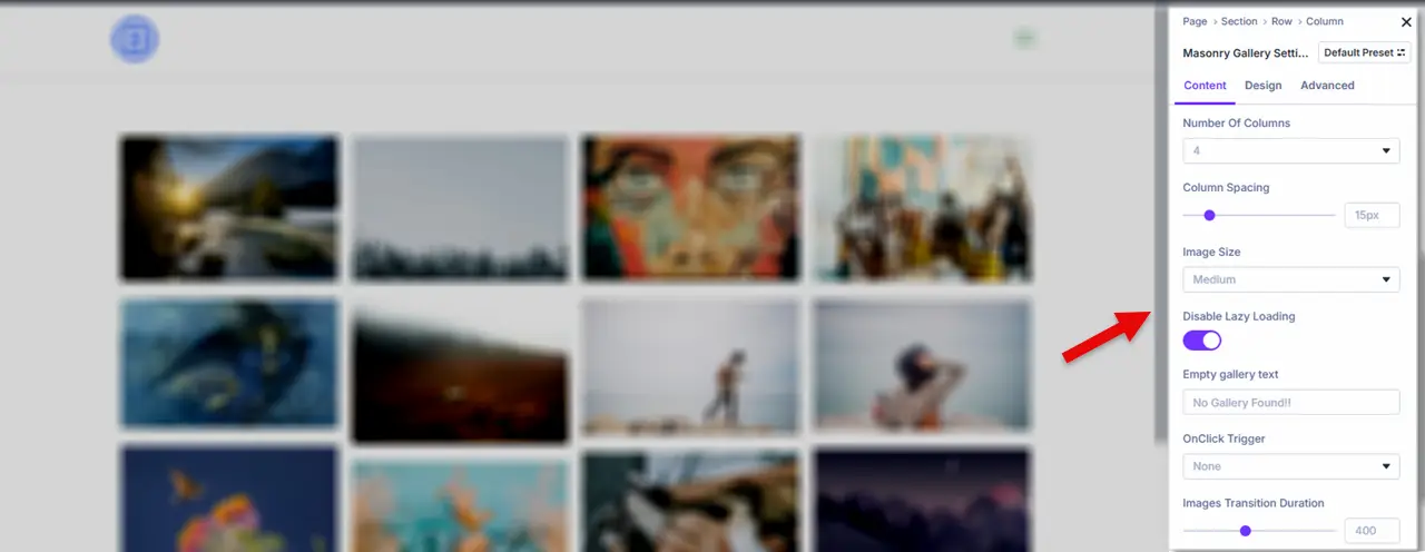 The Content settings of the Masonry Divi image gallery module.