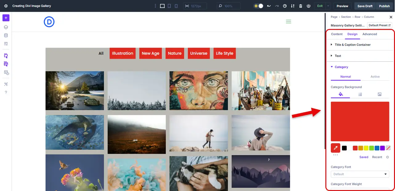 The Design settings of the Divi Gallery Extended module.