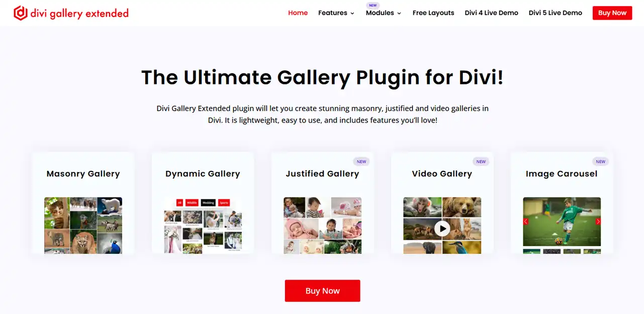 The Demo page of the Divi Gallery Extended plugin.