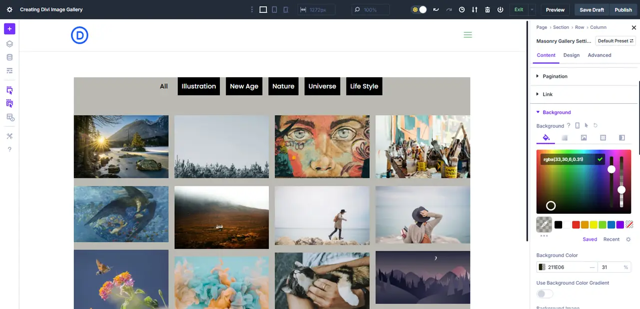 The Background settings of the Masonry Gallery module for Divi.