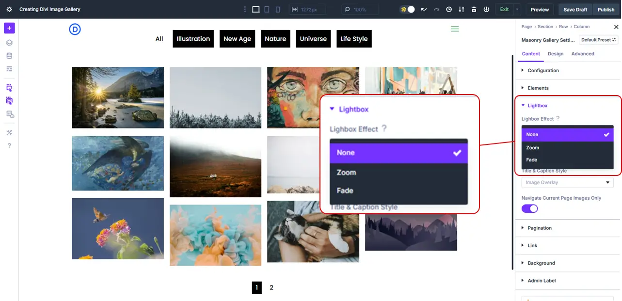 The lightbox options of the Divi Gallery Extended module.