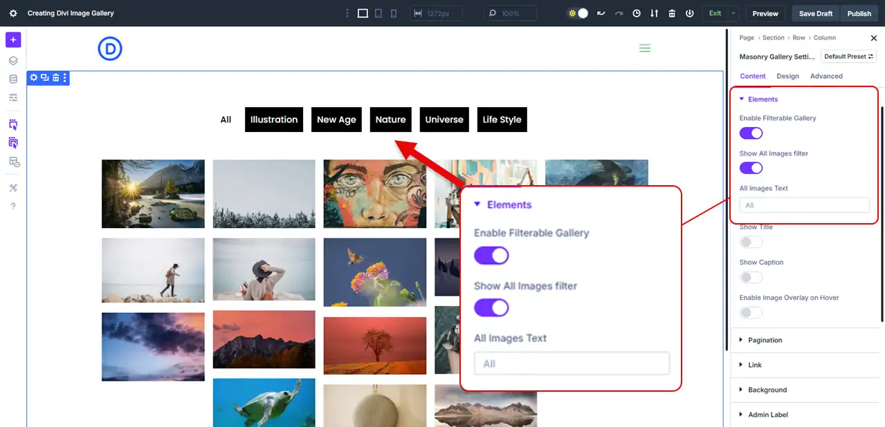 The Filters on the Divi Image Gallery.