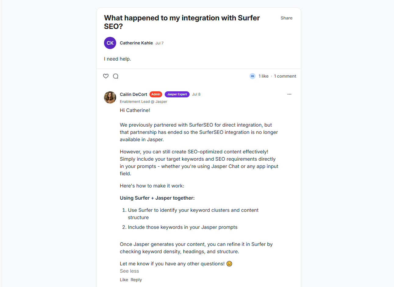 The partnership between Surfer SEO and Jasper AI has ended