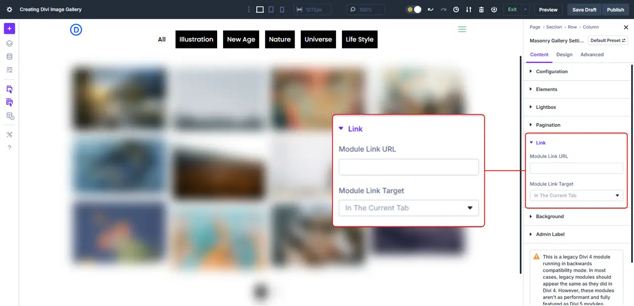 The Link settings of the Masonry Gallery module for Divi.