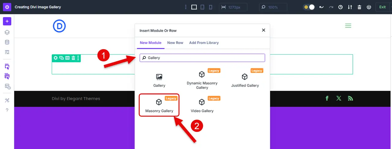 Inserting the Divi Gallery Extended Masonry Gallery module.