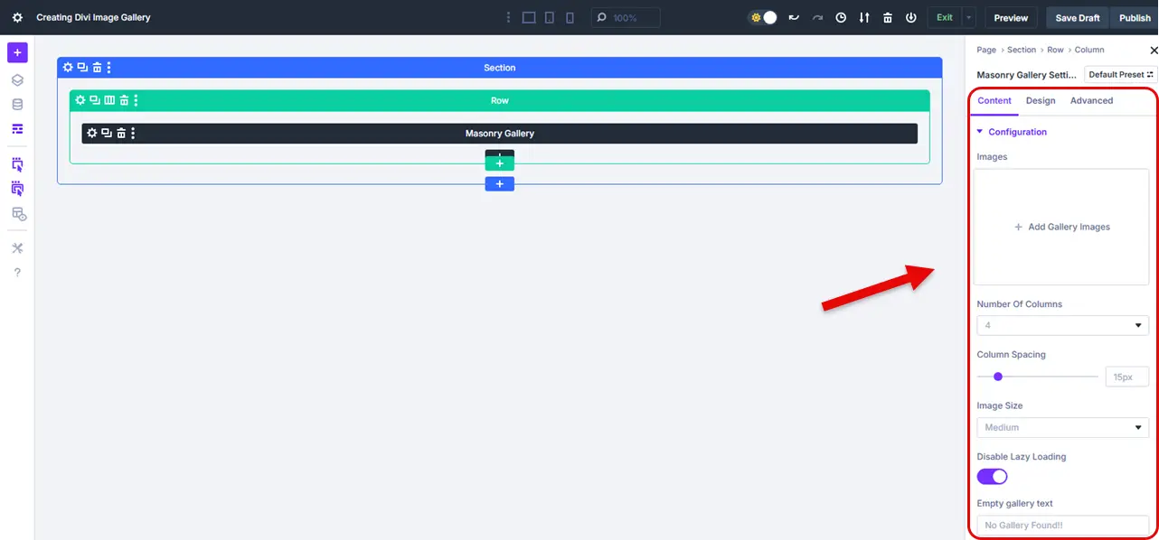 The settings of the Divi Image Gallery module.