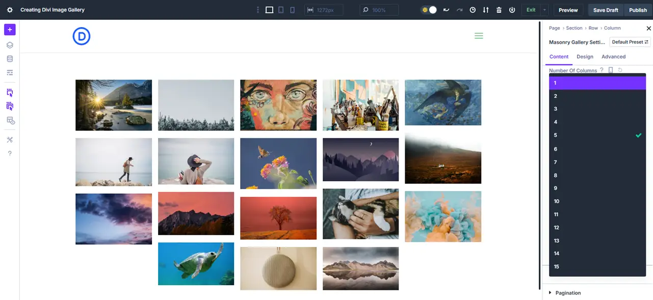 The Number Of Columns option of the Divi image gallery module.