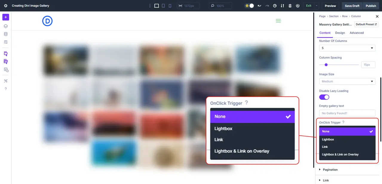 The OnClick Trigger options of the Masonry Gallery module.