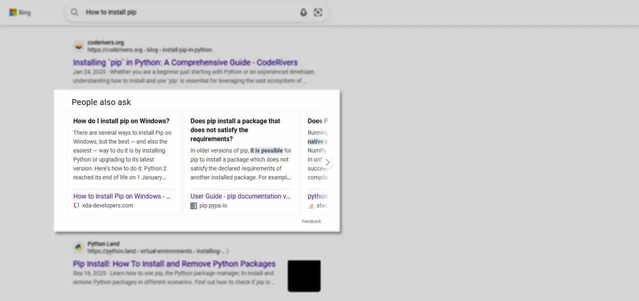 People also ask section Microsoft Bing