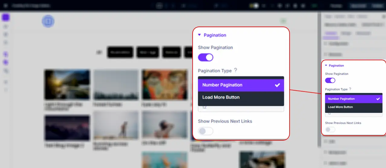 Pagination options for the Divi Image gallery.
