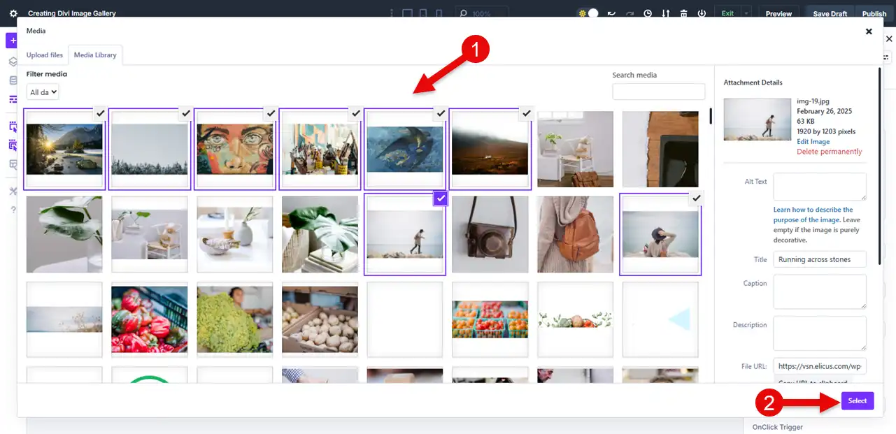 Selecting images for the Divi image gallery