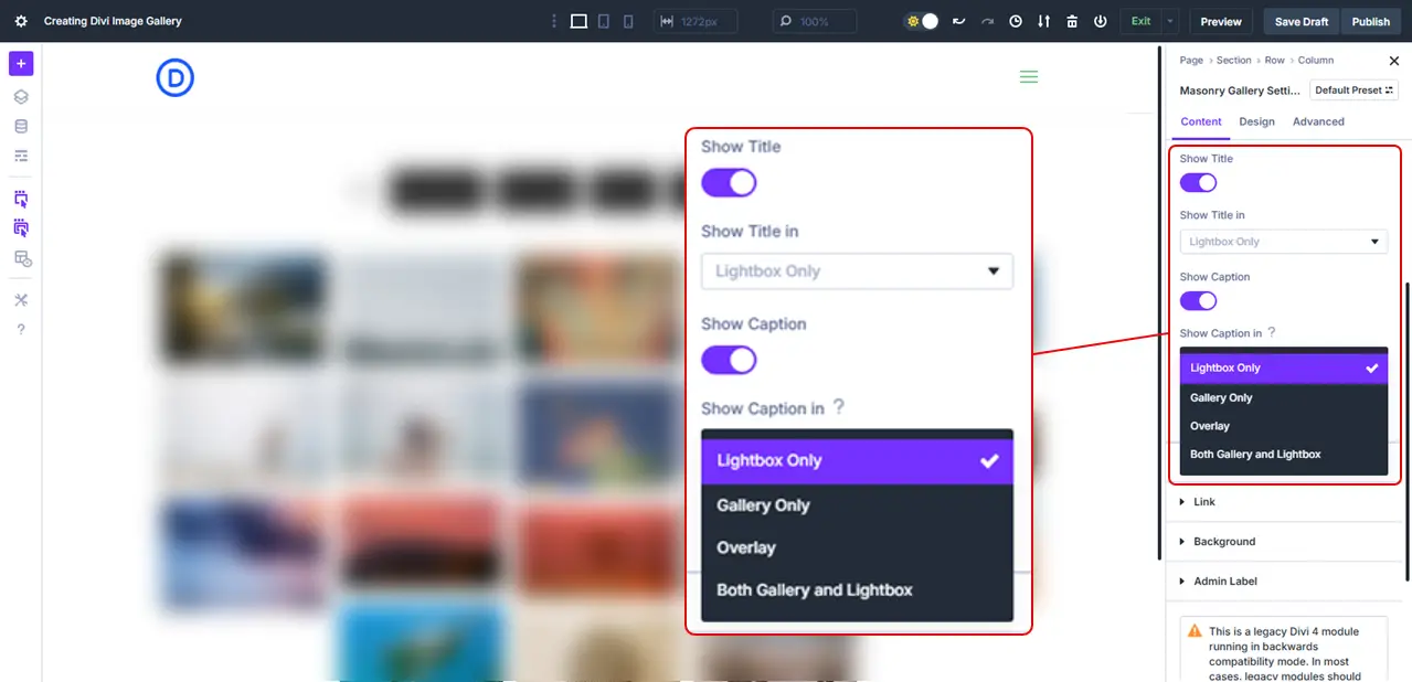 The Show Title and Caption option of the image gallery in Divi.