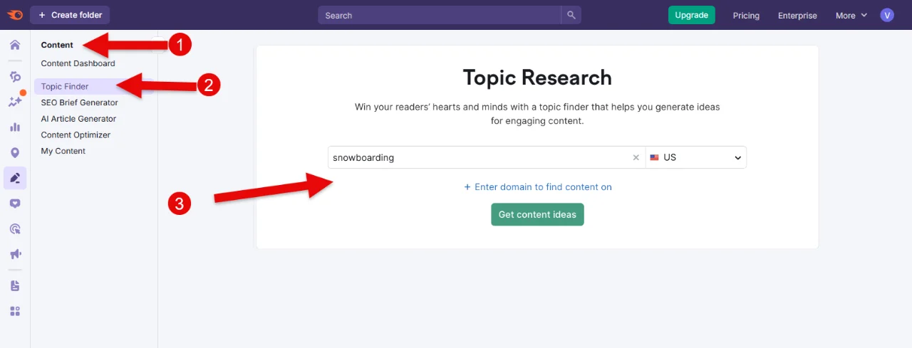 Topic research window of the Semrush SEO tool.