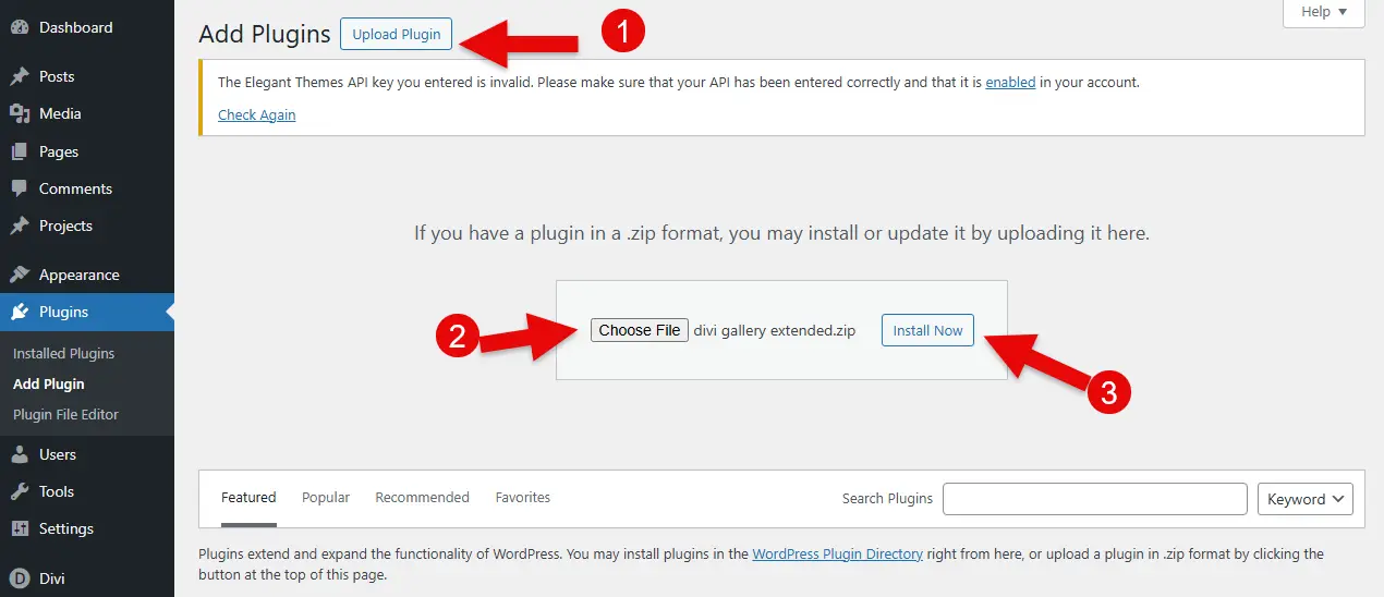 Instructions on how to upload and install a WordPress plugin file.
