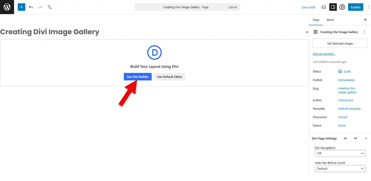 The Use Divi Builder and Use Default Editor choices in the WordPress page.