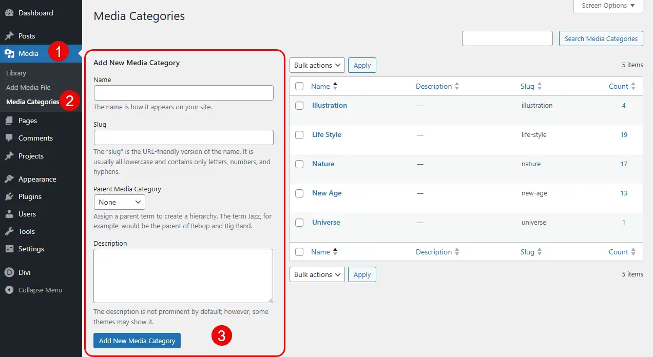Instructions on how to create image categories in WordPress