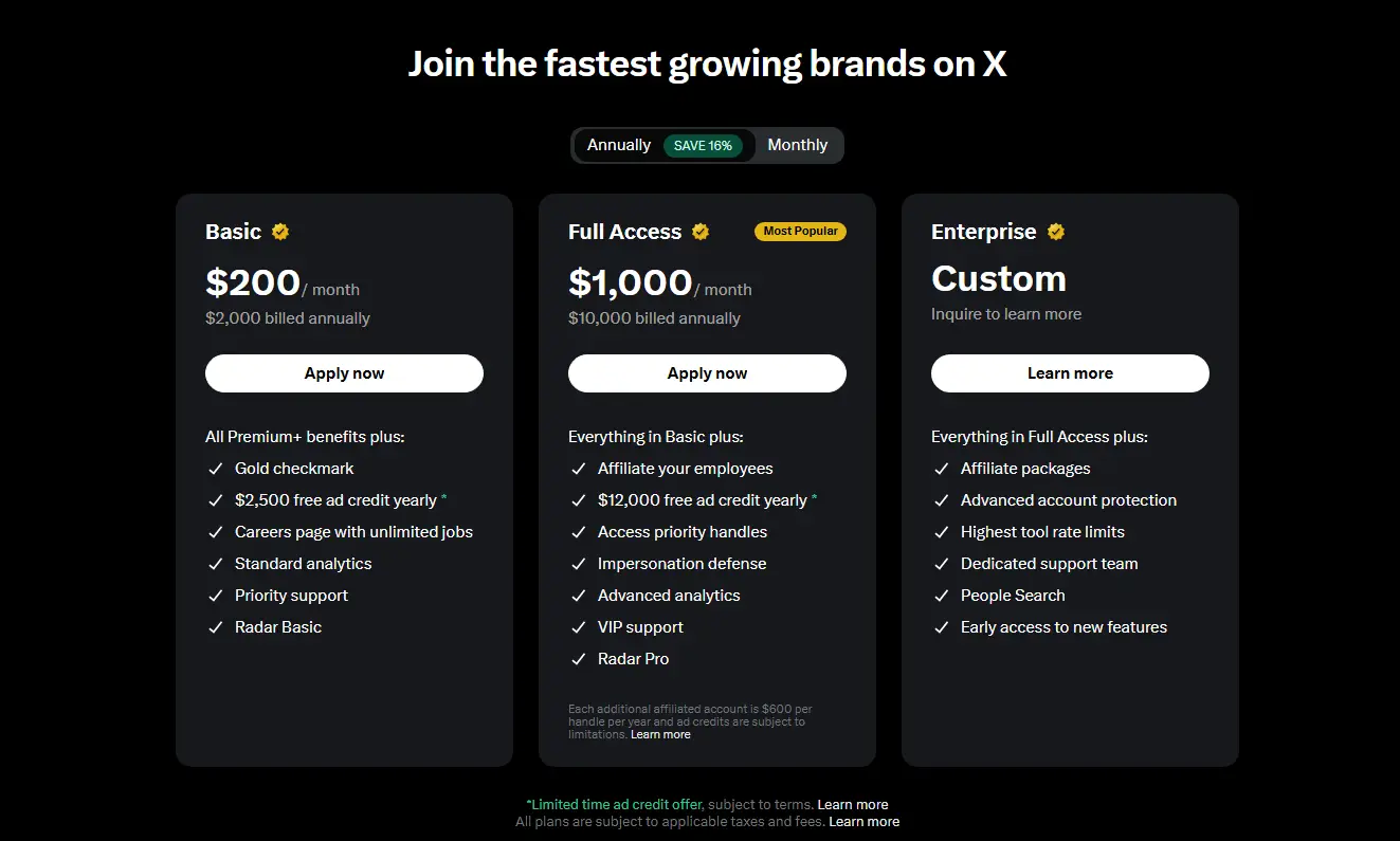The premium plans of X for Businesses.