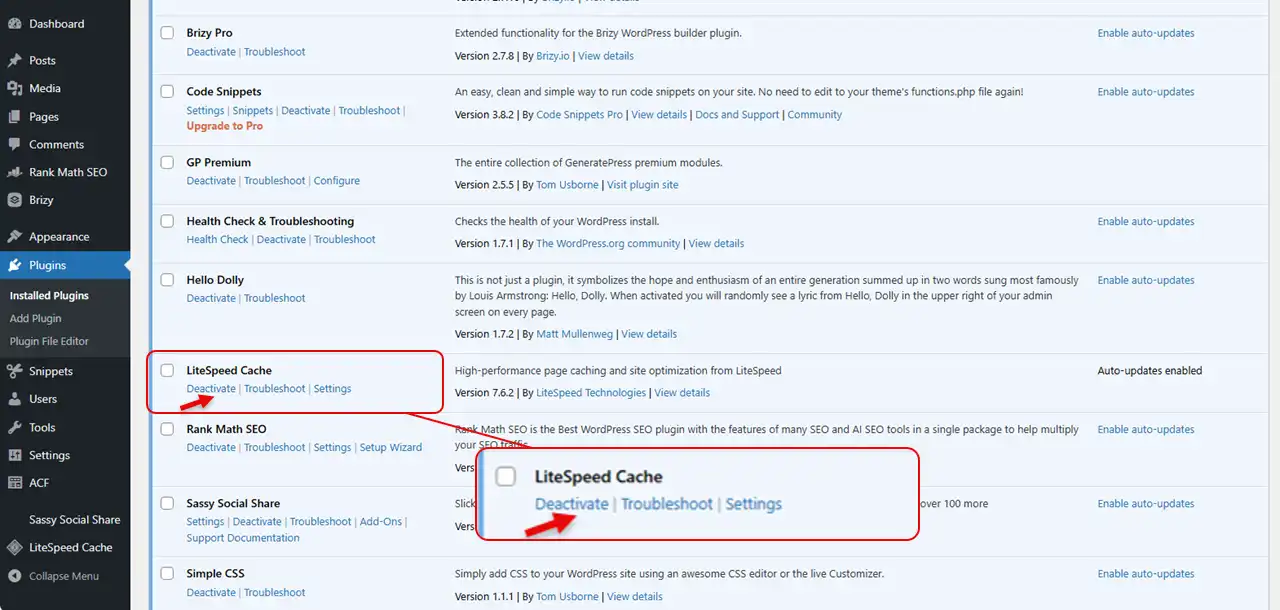 Disabling the LiteSpeed Cache plugin.