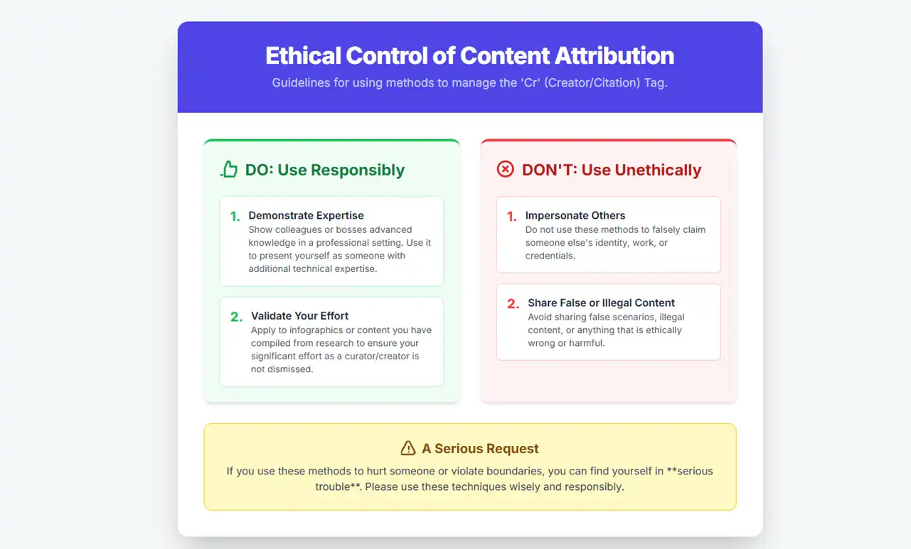 Ethical Measures to use the methods to hide the Cr tag in LinkedIn on AI-generated images.
