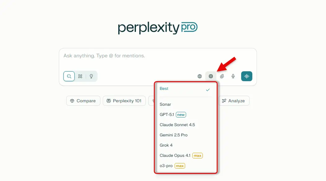 Different LLMs models available in Perplexity AI.