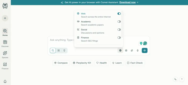 Filter options in the Perplexity AI tool.