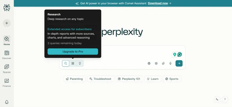 Multiple search modes of Perplexity AI.